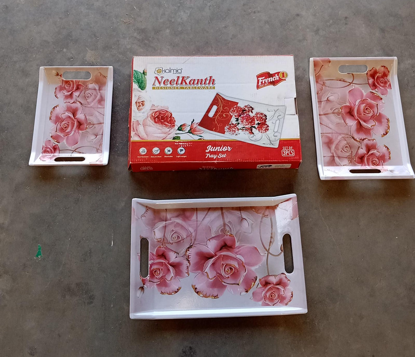 Plastic Rectangular Shape Flower Printed Design Serving Tray 3 Pcs Home And Kitchen Use (3 Pcs Set) - Happy Price - Image 7