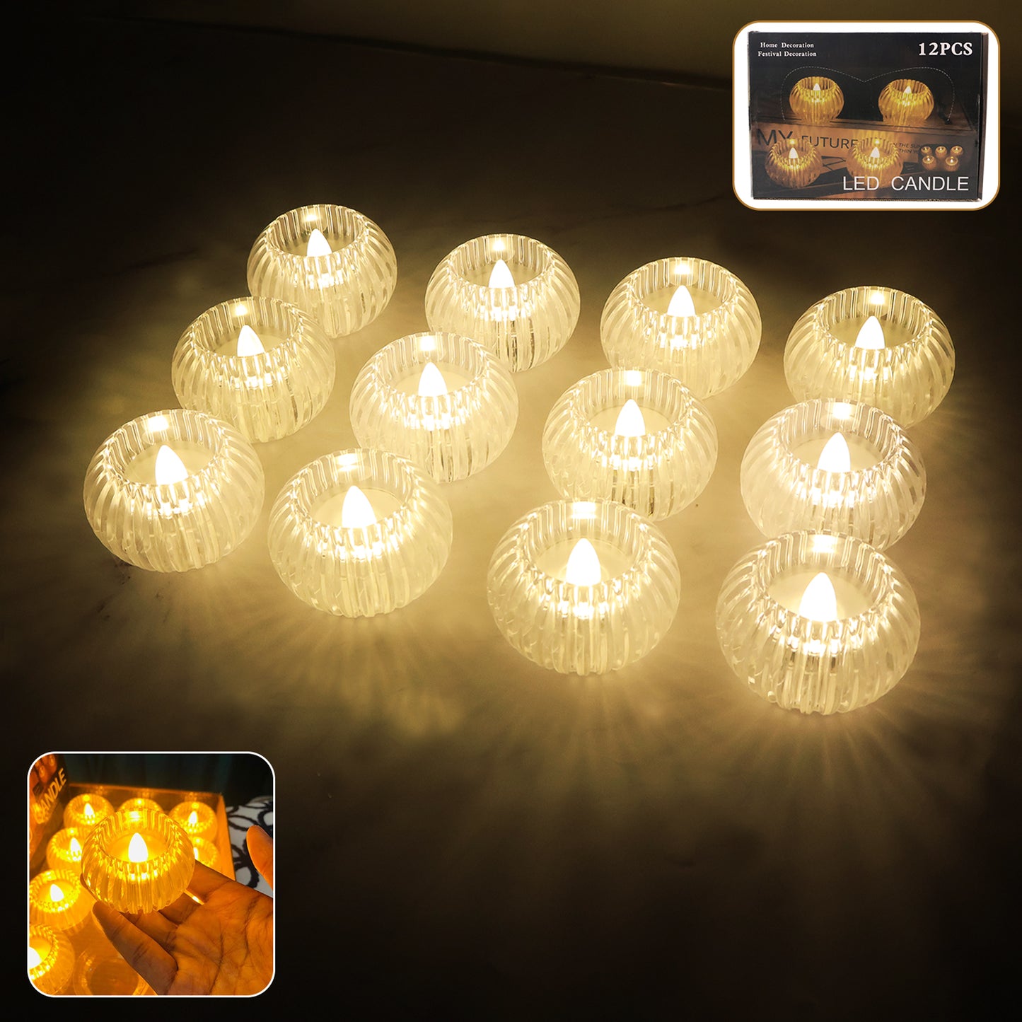 Set of 12 LED Crystal Effect Flameless Candles - Battery Operated Decorative Tealights - Happy Price - Image 3