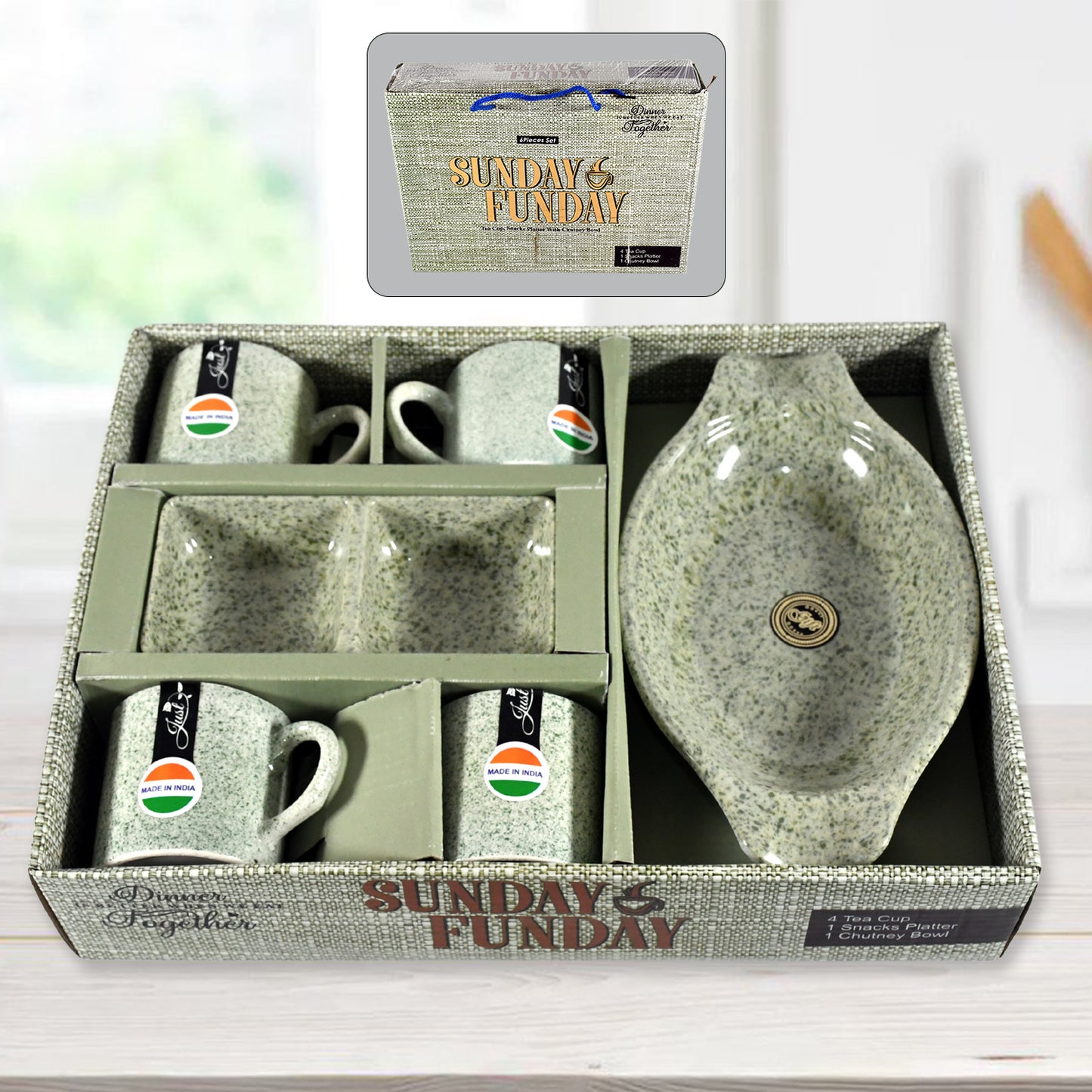 Sunday Funday Ceramic Tea  Cups  Mug With Plastic Snacks Platter And 2 Compartment Chutney Bowl Milk Cup Coffee Cup Breakfast Cup Drinking Mug Or Outdoor For Household Gift For Birthday Wedding Party (6 Pcs Set) - Happy Price - Image 2