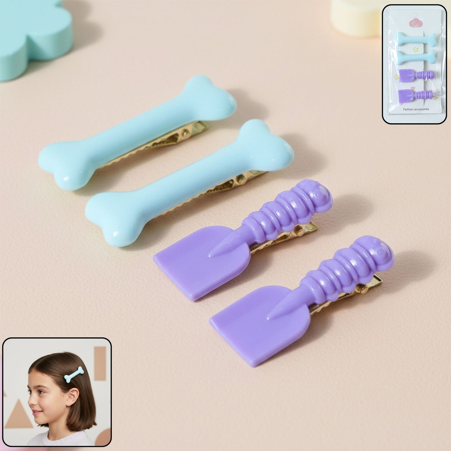 Cute Cartoon Hair Clips for Girls - 4 Pc Set with Bone & Spade Shapes - Happy Price - Image 2
