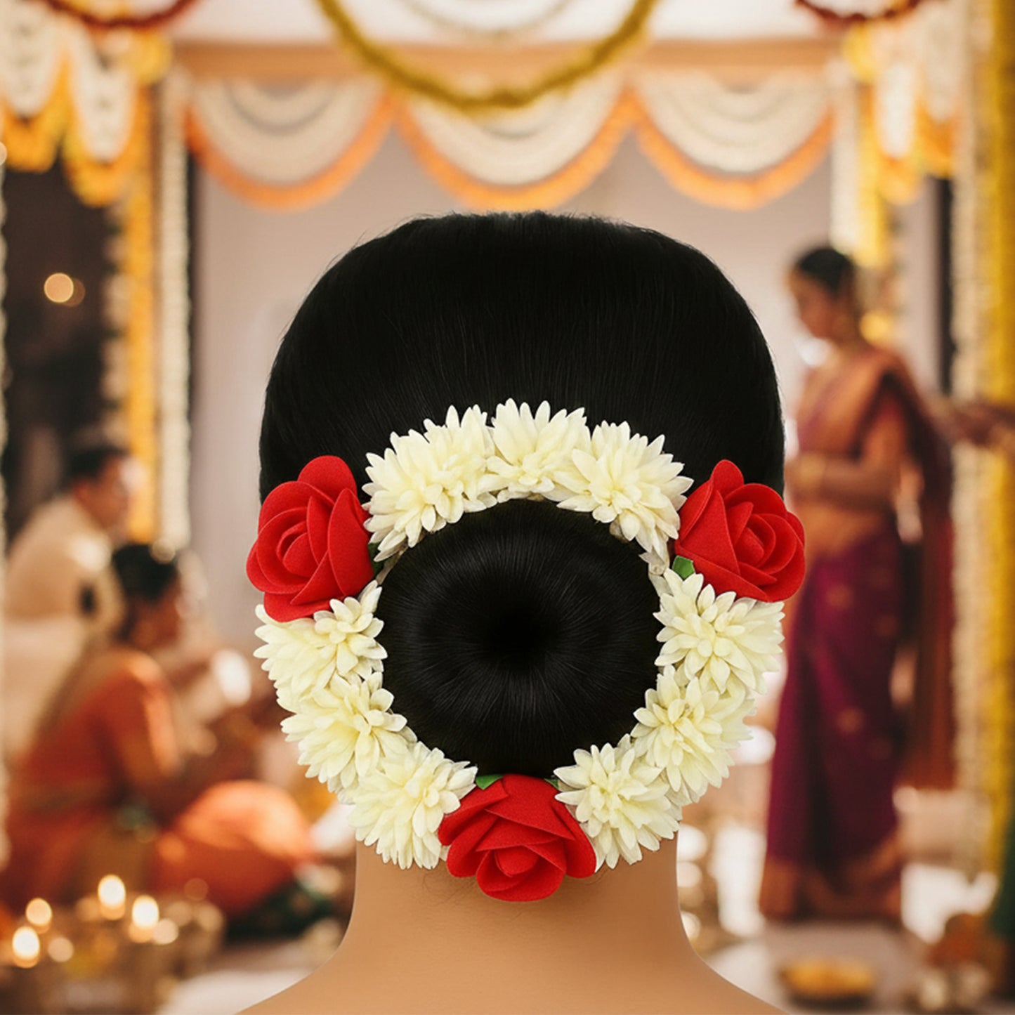 Artificial Flower Gajra with Red Roses & White Jasmine - 1 Pc Hair Accessory - Happy Price - Image 6