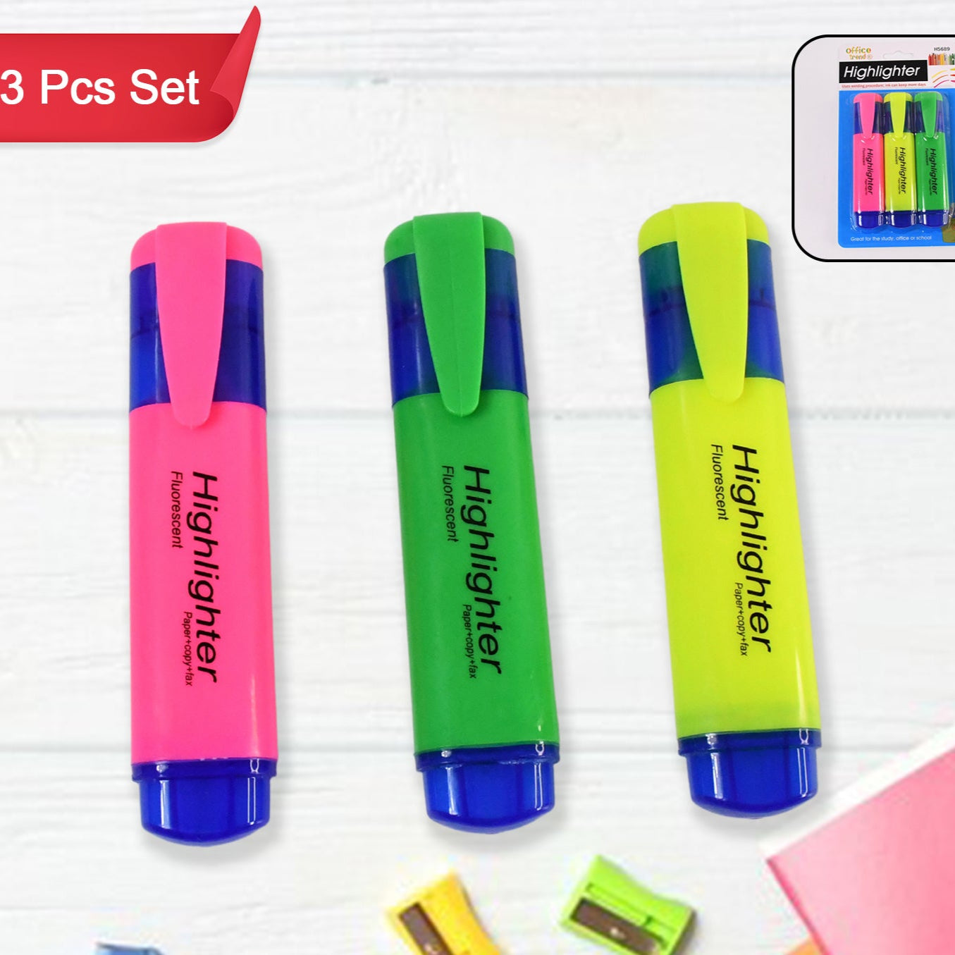 Highlighter Pen Assorted Colours Water Based Broad Tip Writing Marker (3 Pcs Set) - Happy Price - Image 1