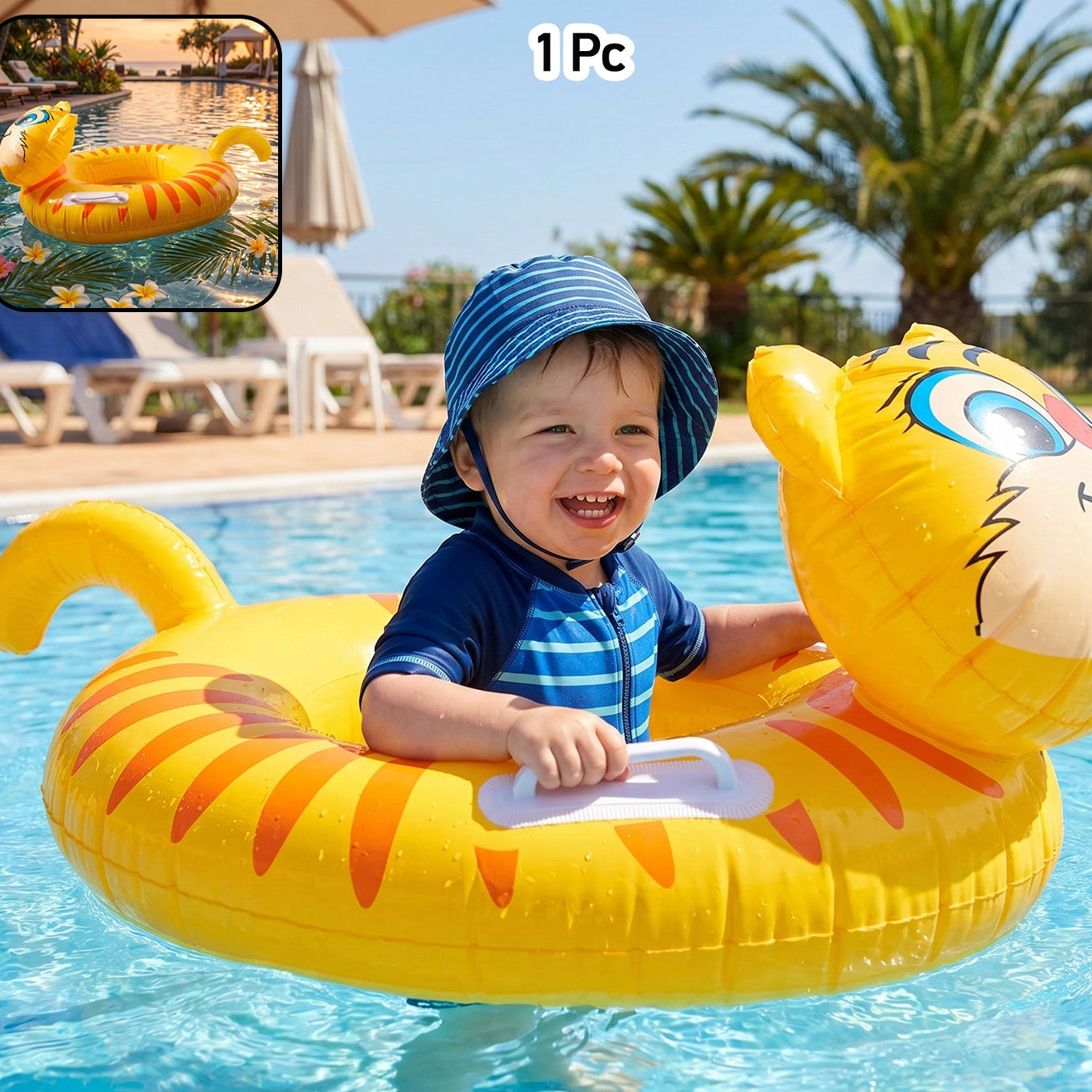 Kids Inflatable Tiger Swim Ring Pool Float With Handle Grip  1 Pc
