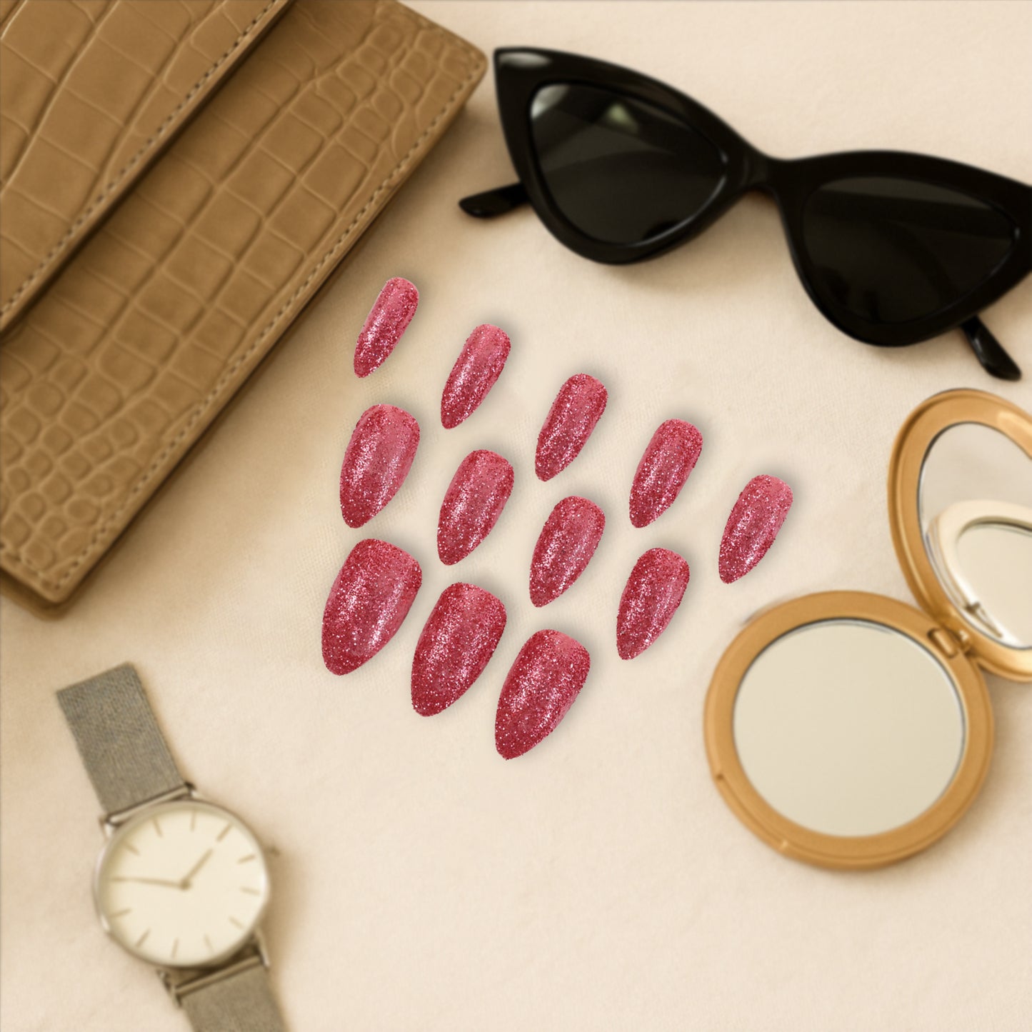 Glitter Press-On False Nails - 1 Set / 12 Pcs Artificial Nail Tips - Happy Price - Image 4