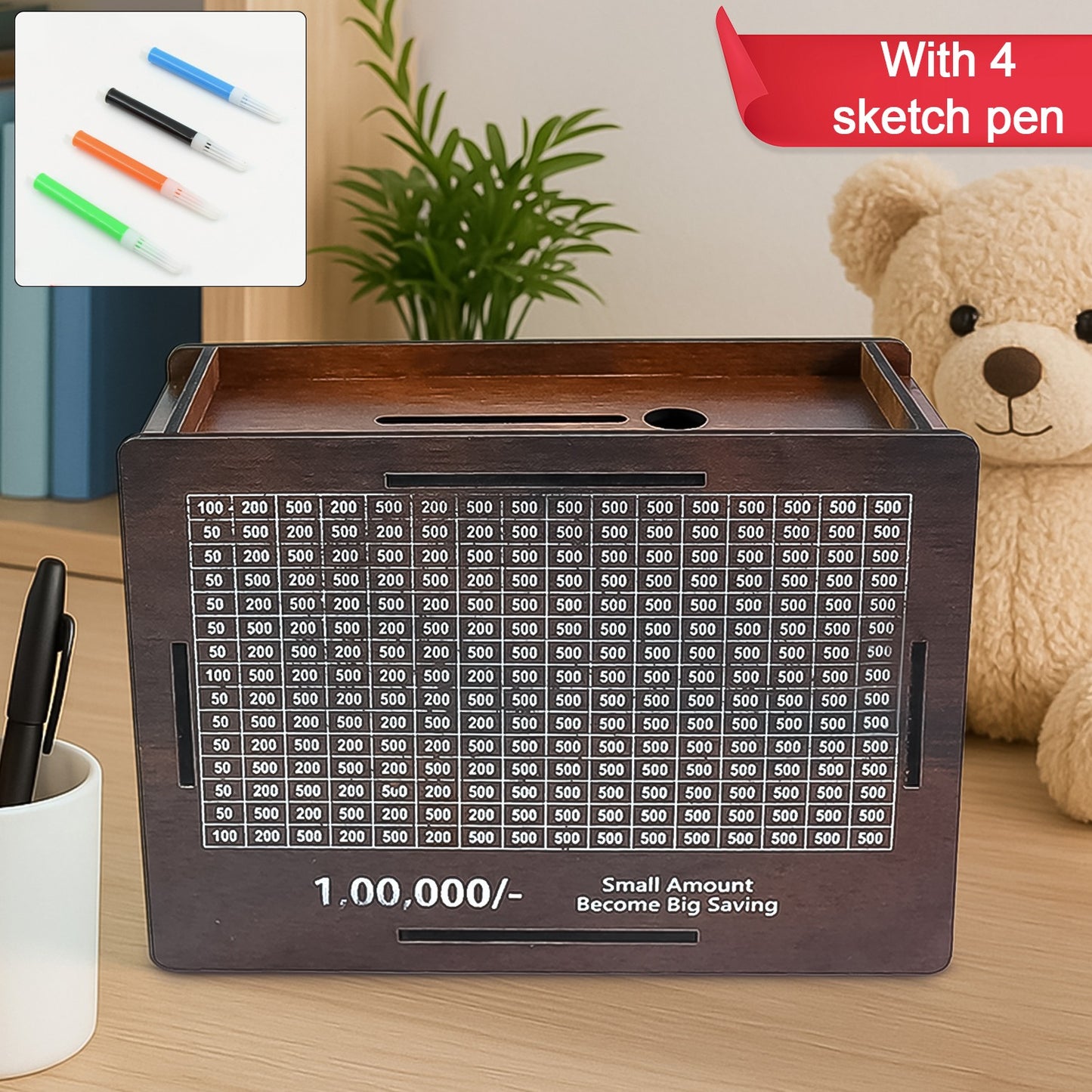Wooden Money  Piggy Bank Money Box (1 Pc  4 Sketch Pen) - Happy Price - Image 2
