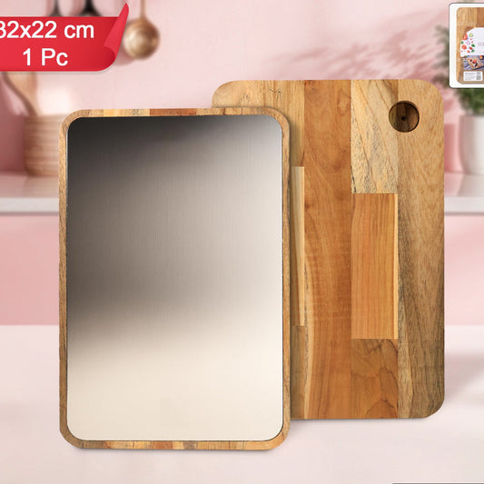 Apex Steel & Oak Medium Chopping Board with Handle (35x25cm, 1 Pc) - Happy Price - Image 1