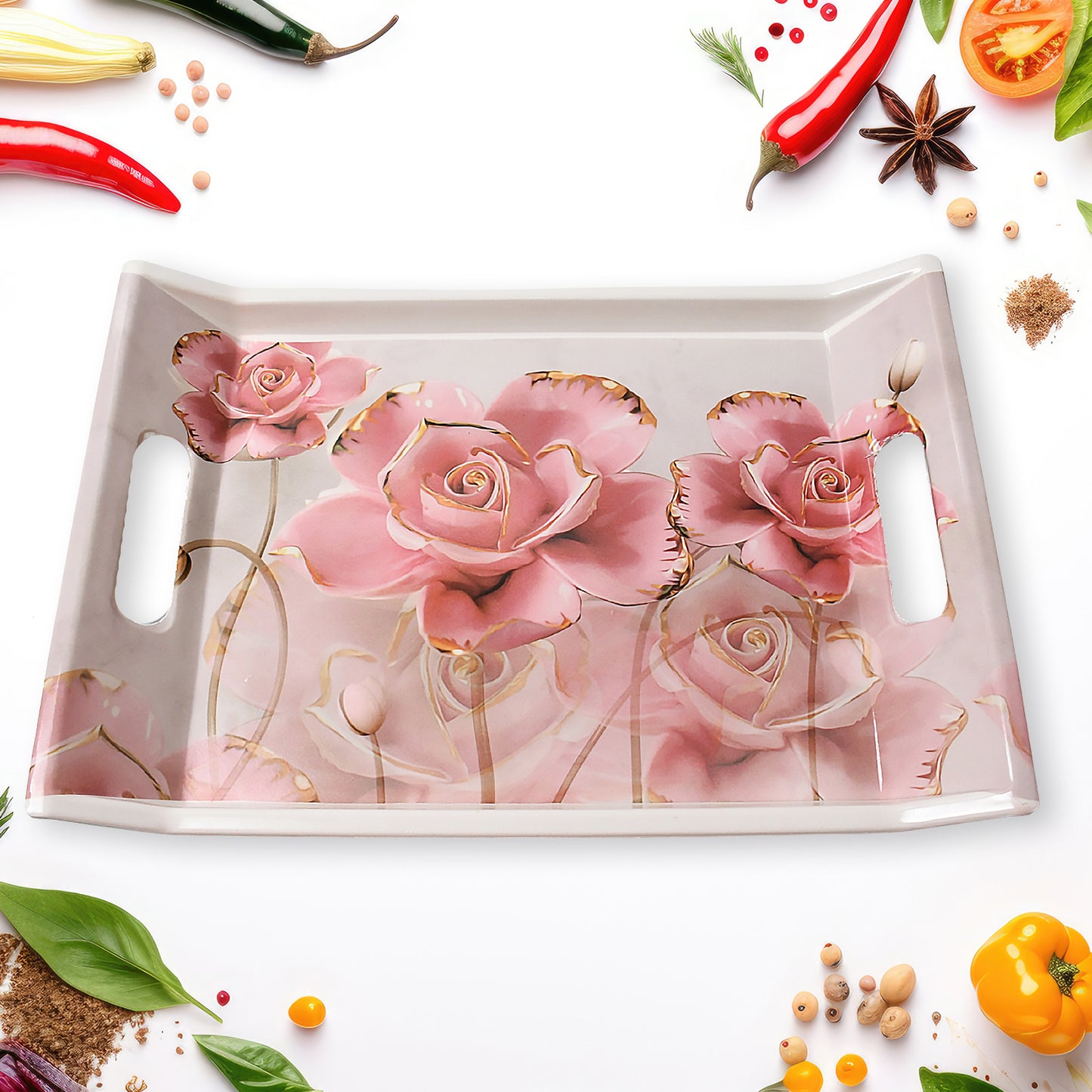 Plastic Rectangular Shape Flower Printed Design Serving Tray 3 Pcs Home And Kitchen Use (3 Pcs Set) - Happy Price - Image 5