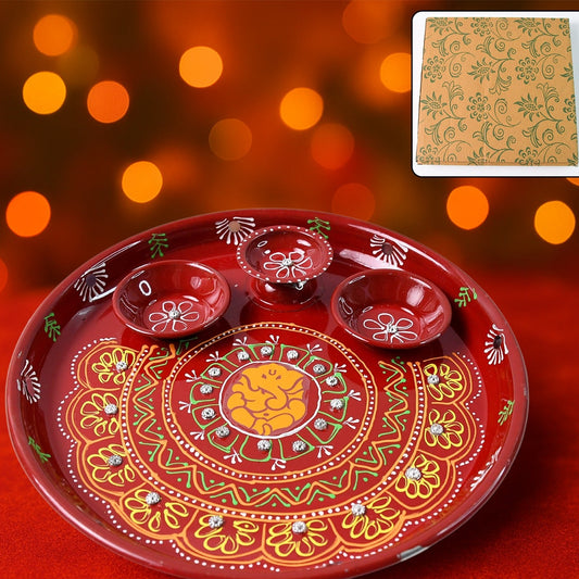 Hand-Painted Ganesha Pooja Thali Set with 3 Diyas - Festive Puja Utensil - Happy Price - Image 1