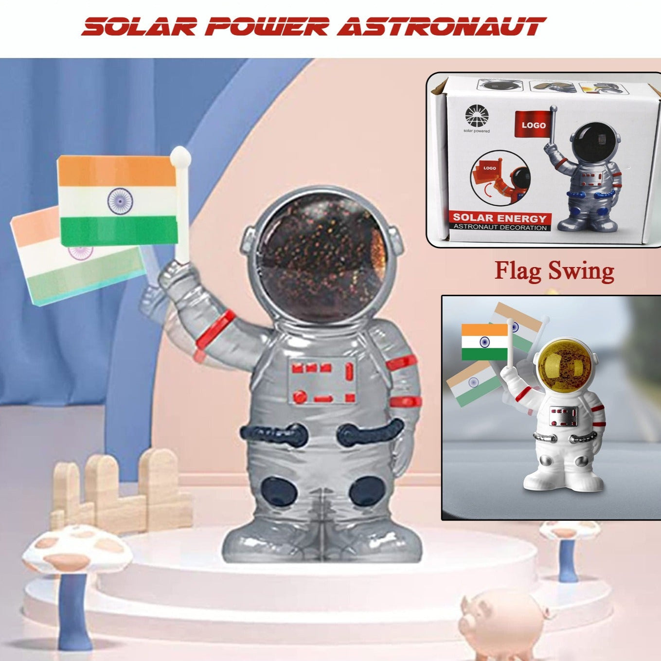 Solar Power Astronaut Ornament Moving Hand With Indian Flag (1 Pc) - Happy Price - Image 1
