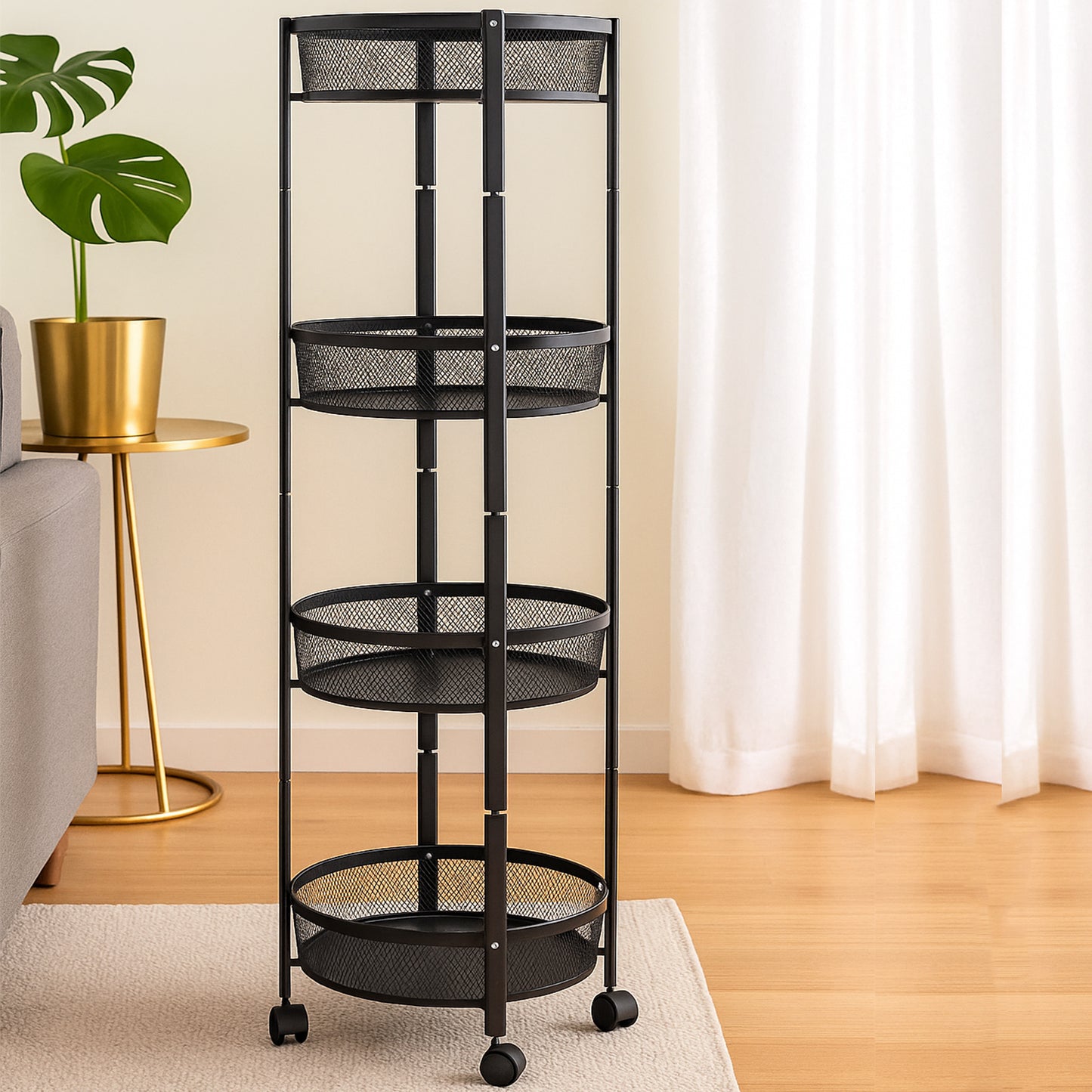 4-layer Round Metal Mesh Storage Organizer Rack With Wheels (1 Pc) - Happy Price - Image 3