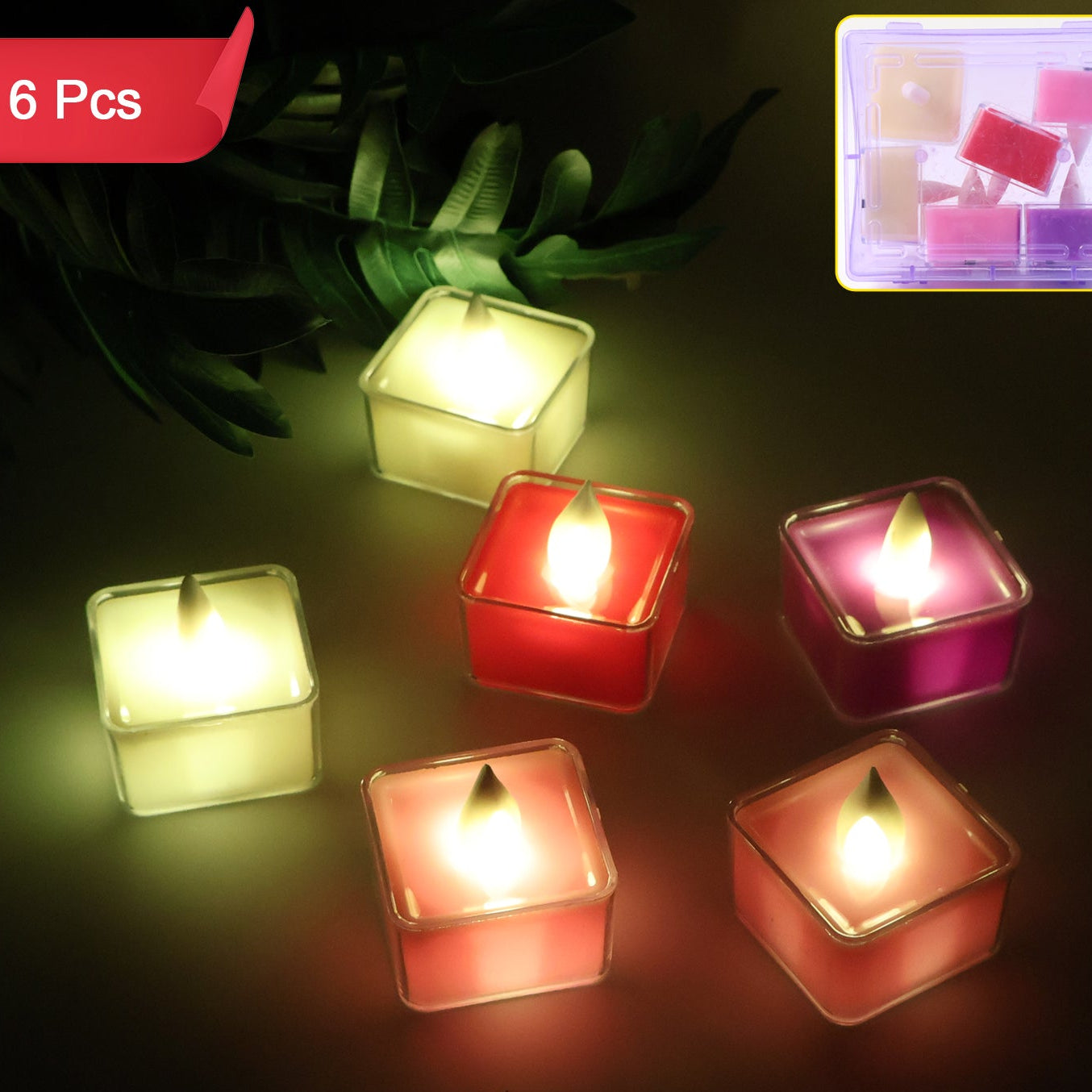 Set of 6 Square LED Flameless Tealight Candles with Multicolor Holders - Happy Price - Image 1