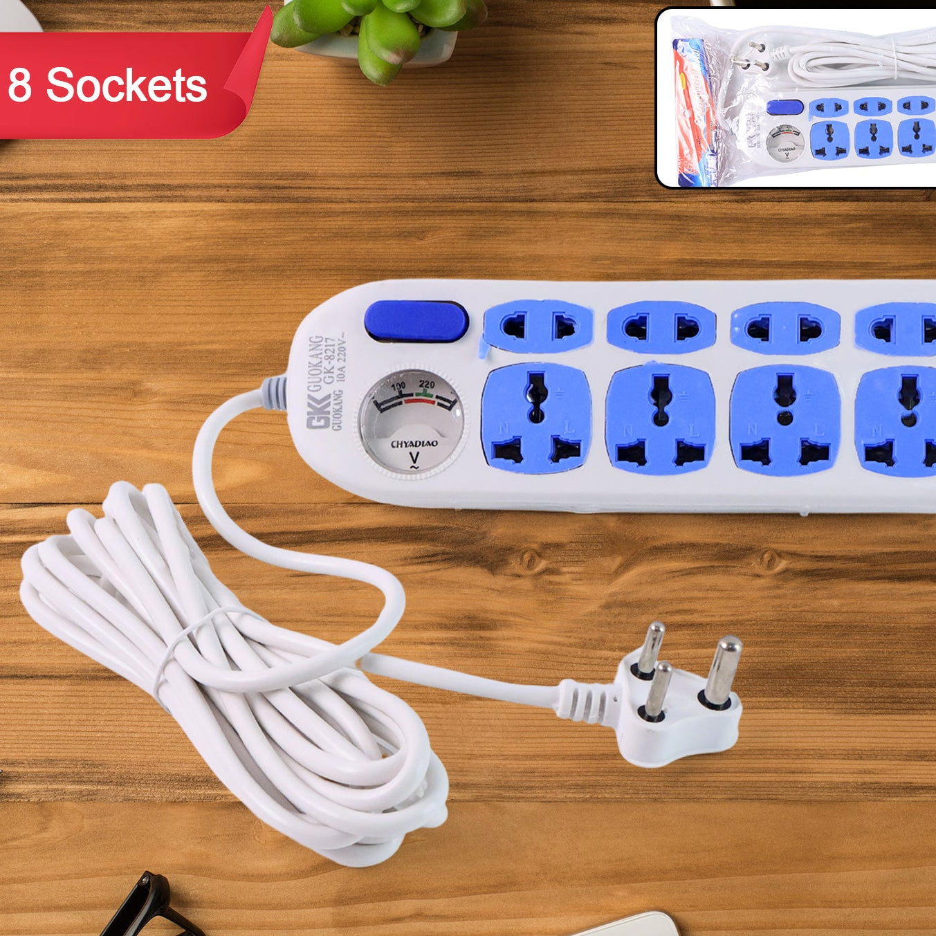 8-Socket Heavy Duty Extension Board with Master Switch & Voltage Meter (1 Pc) - Happy Price - Image 1