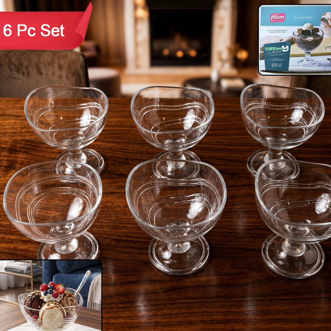 Set of 6 Clear Polycarbonate Dessert Bowls with Stems - Happy Price - Image 1