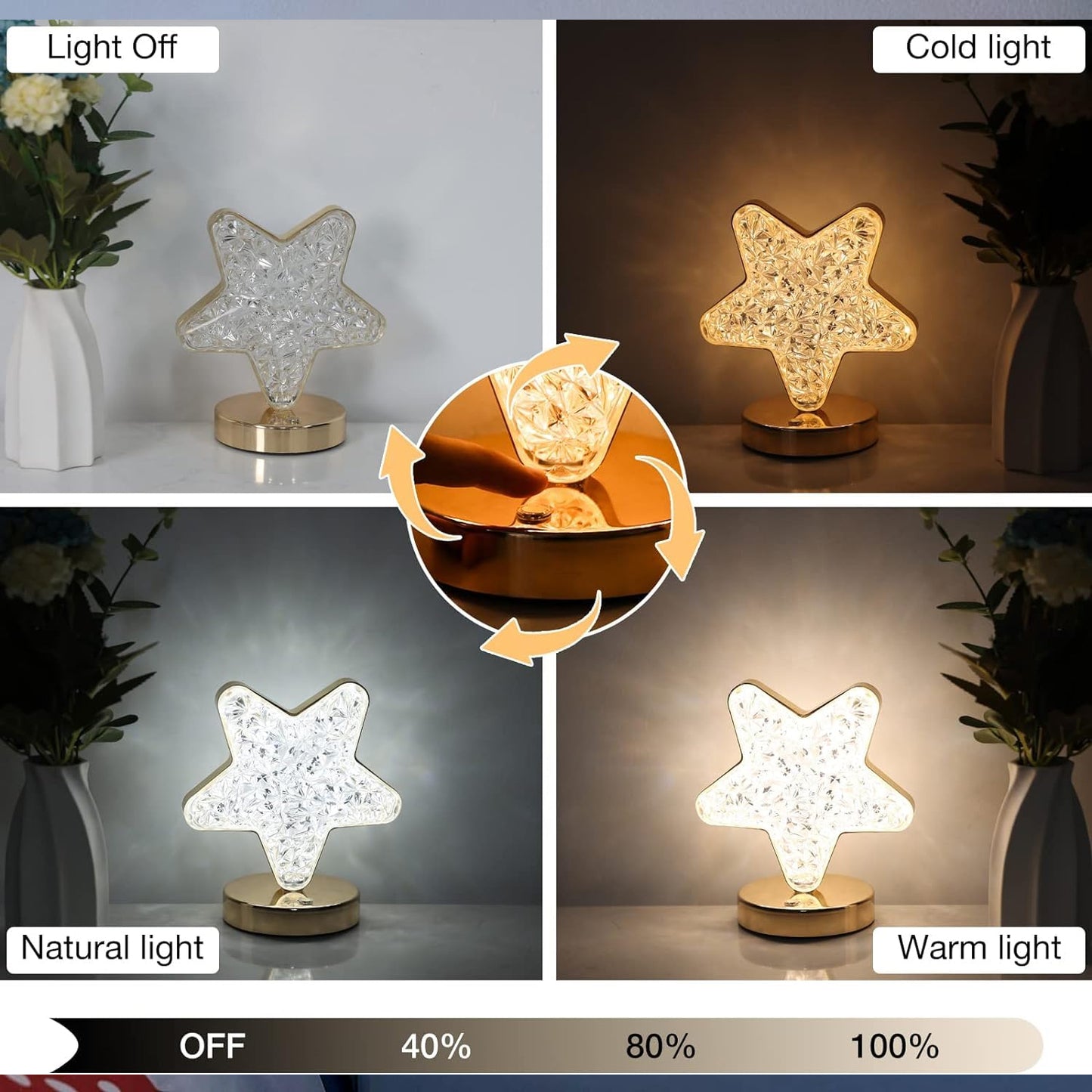 Star Shape Crystal Diamond Lamp Cordless Luxury Lamp With Usb Rechargeable 3-way Dimmable  Touch Control Decorative Nightstand Lamp For Bedroom Living Room Party Restaurant Decor (1 Pc ) - Happy Price - Image 5