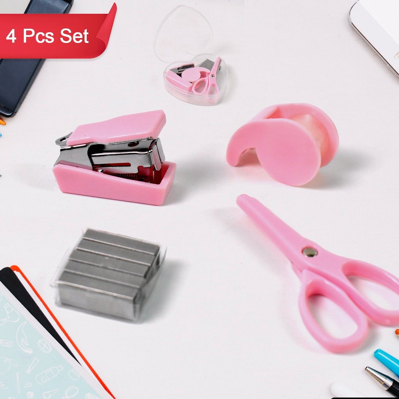 Mini Office Stationery Set Including Stapler Scissors Paper Clips Tape Dispenser Transparent Tape And Staples - Happy Price - Image 1