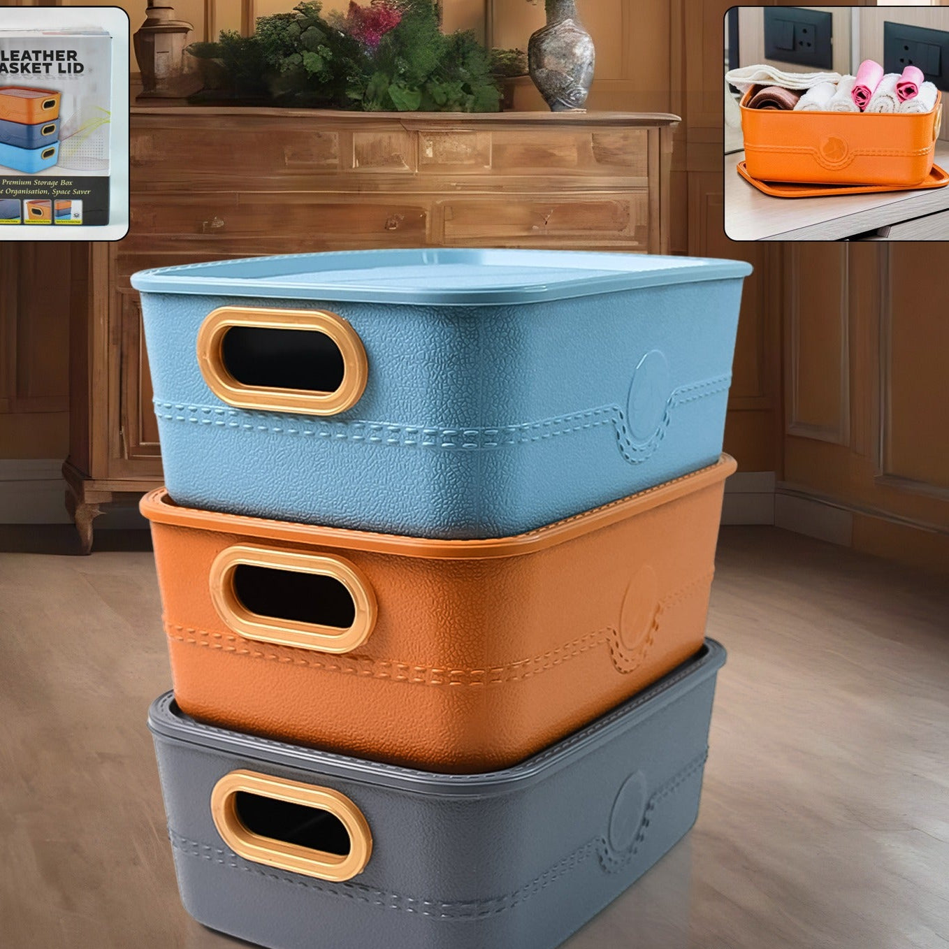 3-piece Plastic Multipurpose Storage Basket Bin Set With Handle (3 Pcs Set) - Happy Price - Image 1