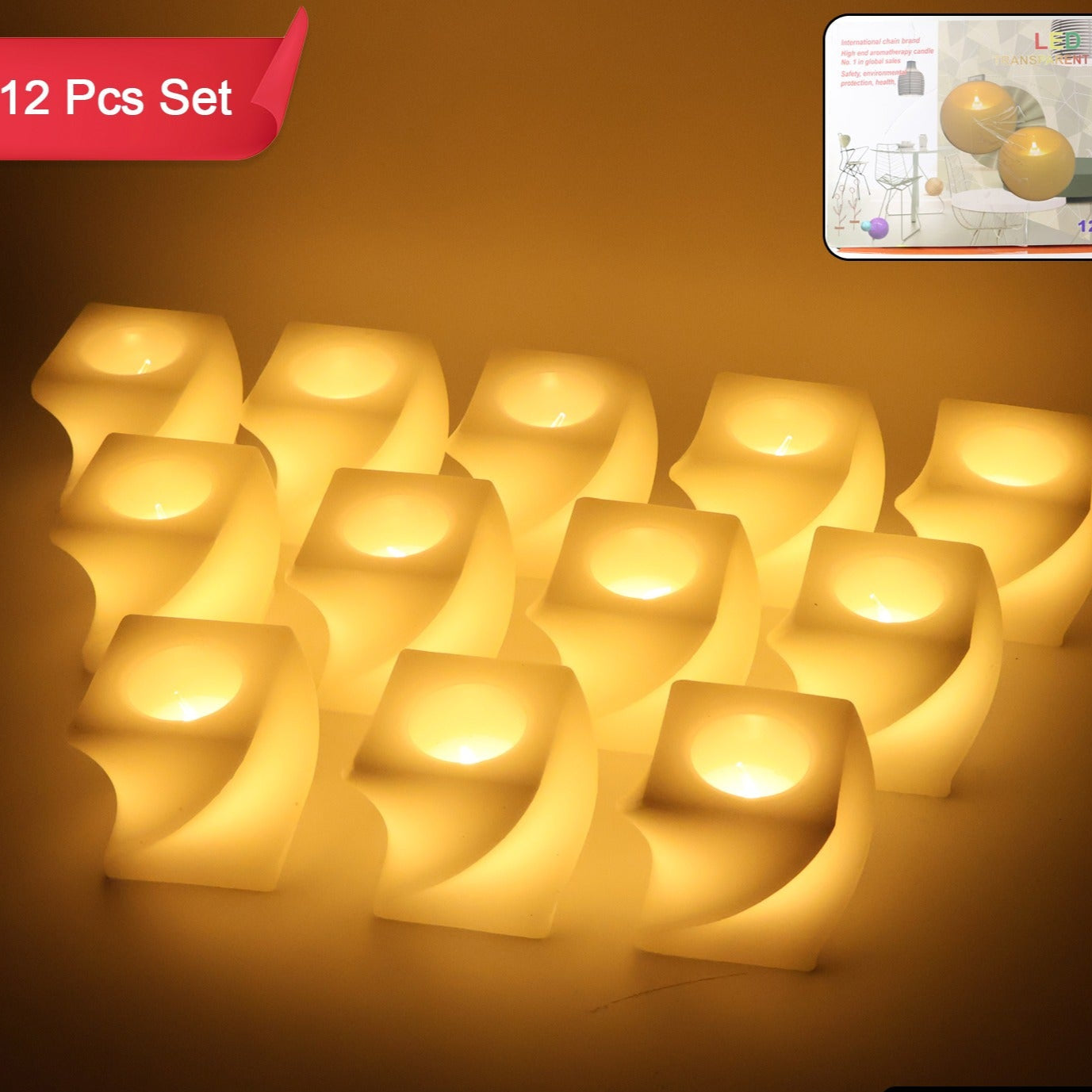 Set of 12 Square LED Flameless Tealight Candles - Warm White Glow - Happy Price - Image 1