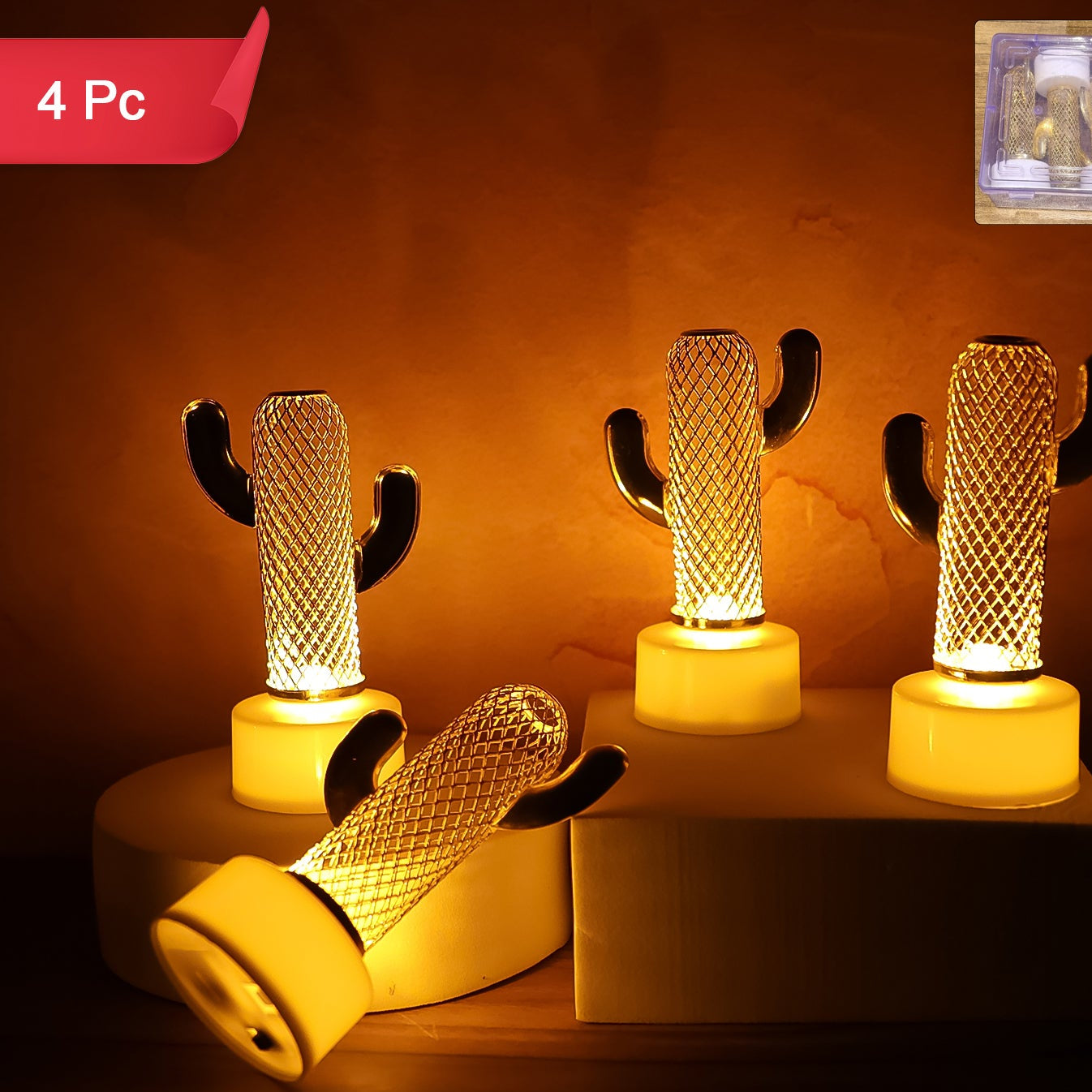 Set of 4 Cactus Shaped Flameless LED Candles for Home Decor - Happy Price - Image 1