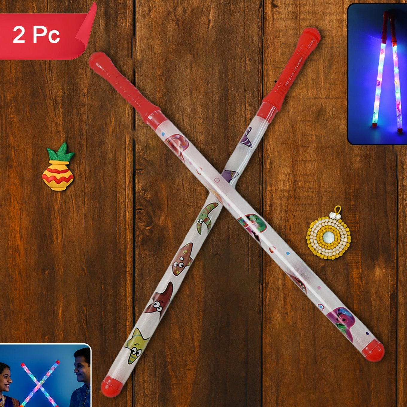 2 Piece LED Dandiya Sticks - Color Changing Light-Up Garba Sticks for Festivals - Happy Price - Image 1