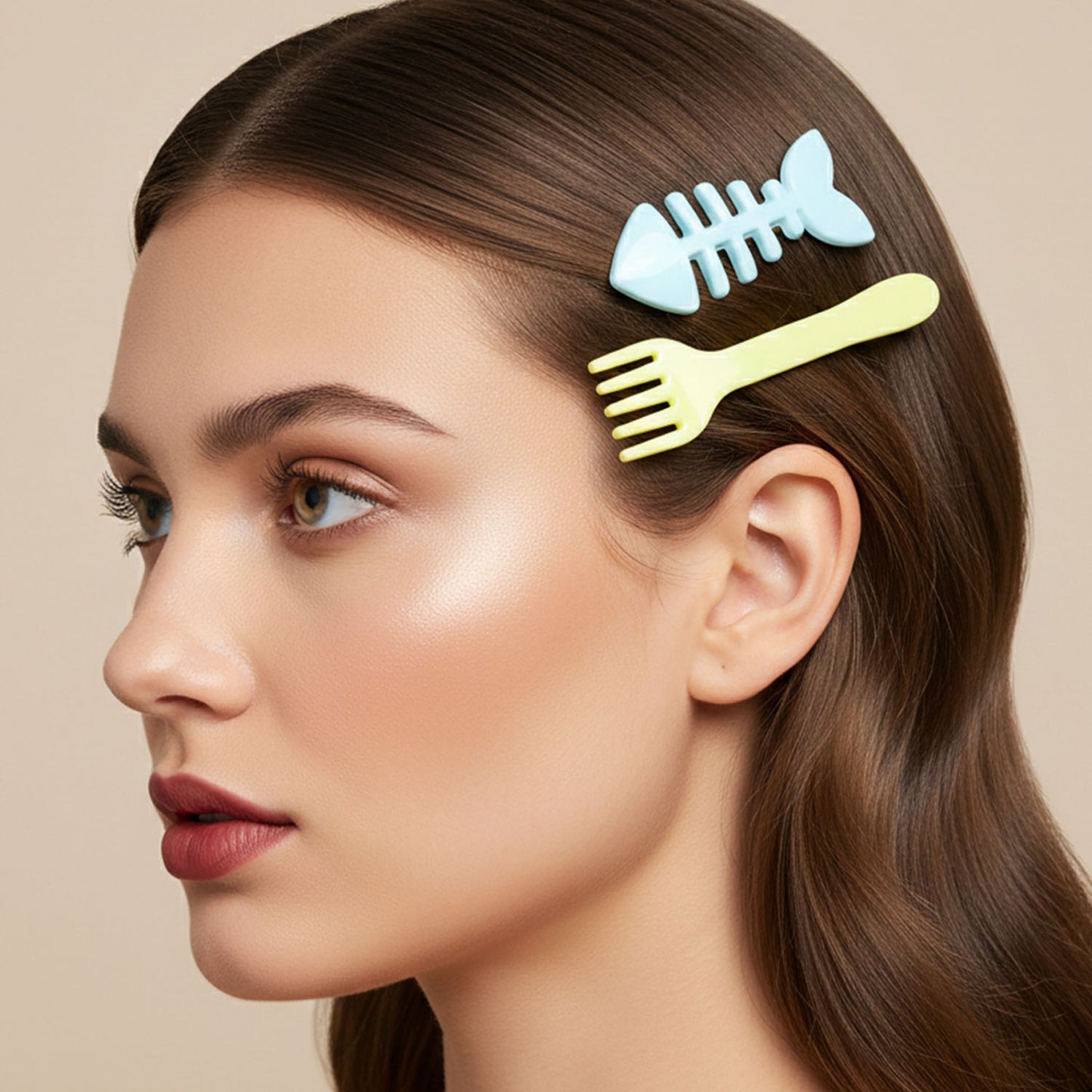 Cute Food Shape Hair Clip Set (4 Pc) - Fun Fork, Fish Bone, Drumstick & Spatula Designs - Happy Price - Image 3