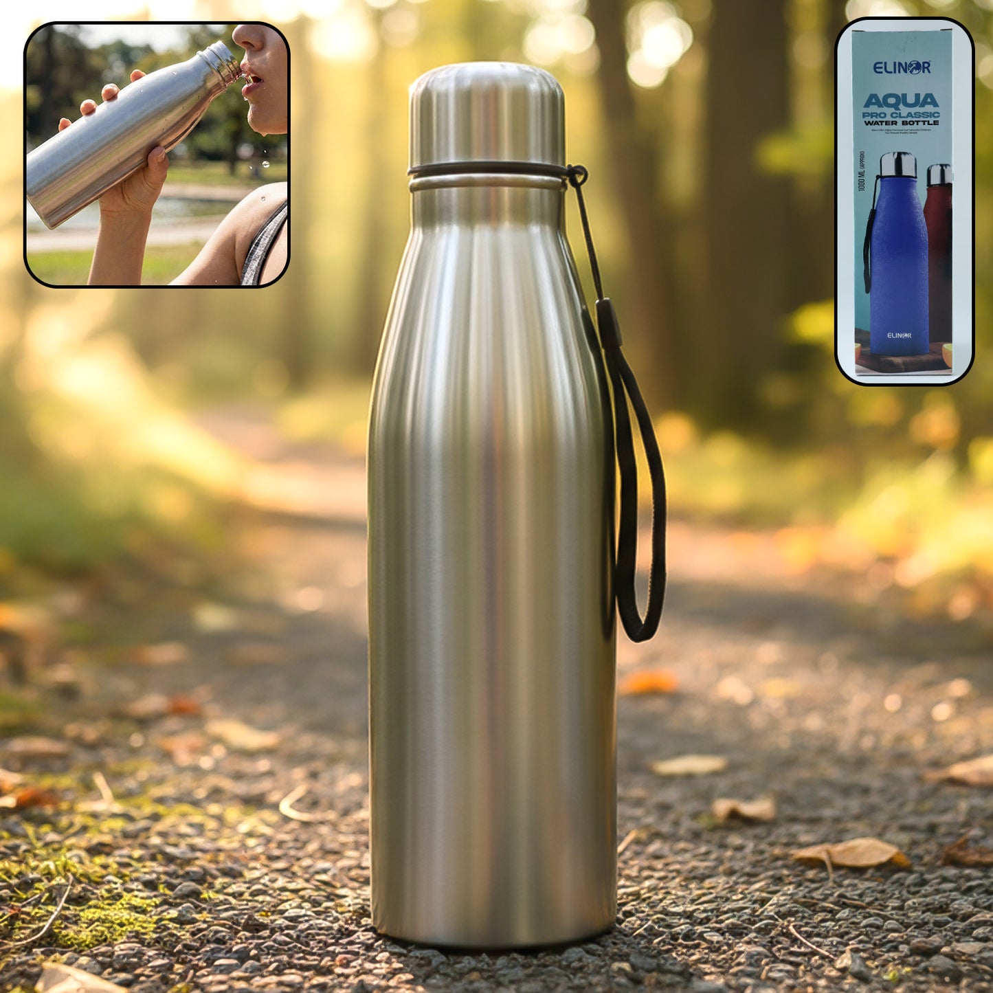 1000 ML Stainless Steel Water Bottle - Leakproof, with Strap (1 Pc) - Happy Price - Image 2