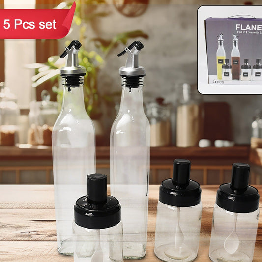 Glass Oil Dispenser & Spice Jar Set - 5 Pcs (2x 500ml Oil, 3x 250ml Spice) - Happy Price - Image 1