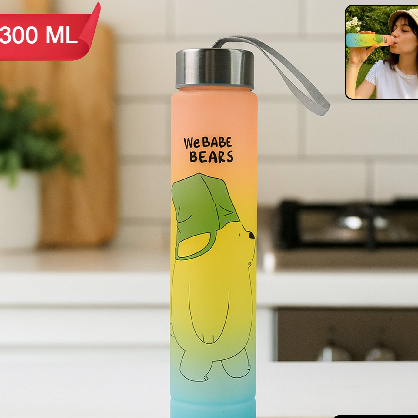 300 ML Cartoon Print Plastic Water Bottle with Leakproof Steel Cap & Strap - Happy Price - Image 1