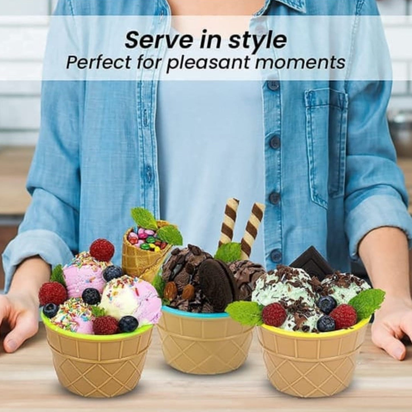 Ice Cream Bowl  Spoon Set Plastic Solid Colour Cream Cup Couple Bowl With Spoon. Ice Cream Spoon  Bowl Set 12 Pc Set Of Ice Cream Bowl  Spoon (Multi Color) - Happy Price - Image 5