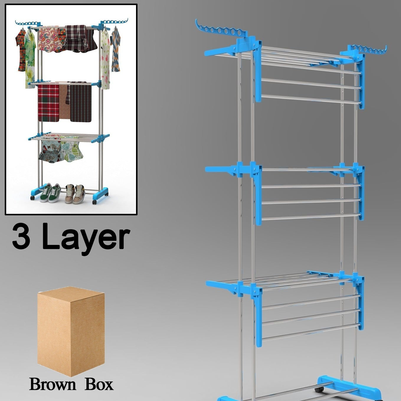 Premium Heavy Duty Stainless Steel 3 Layer Foldable Cloth Drying Stand (1 Set  With Brown Box) - Happy Price - Image 1