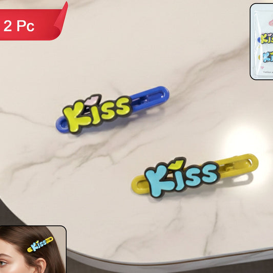 Cute "Kiss" Letter Snap Hair Clips - 2 Pc Set for Girls & Women - Happy Price - Image 1