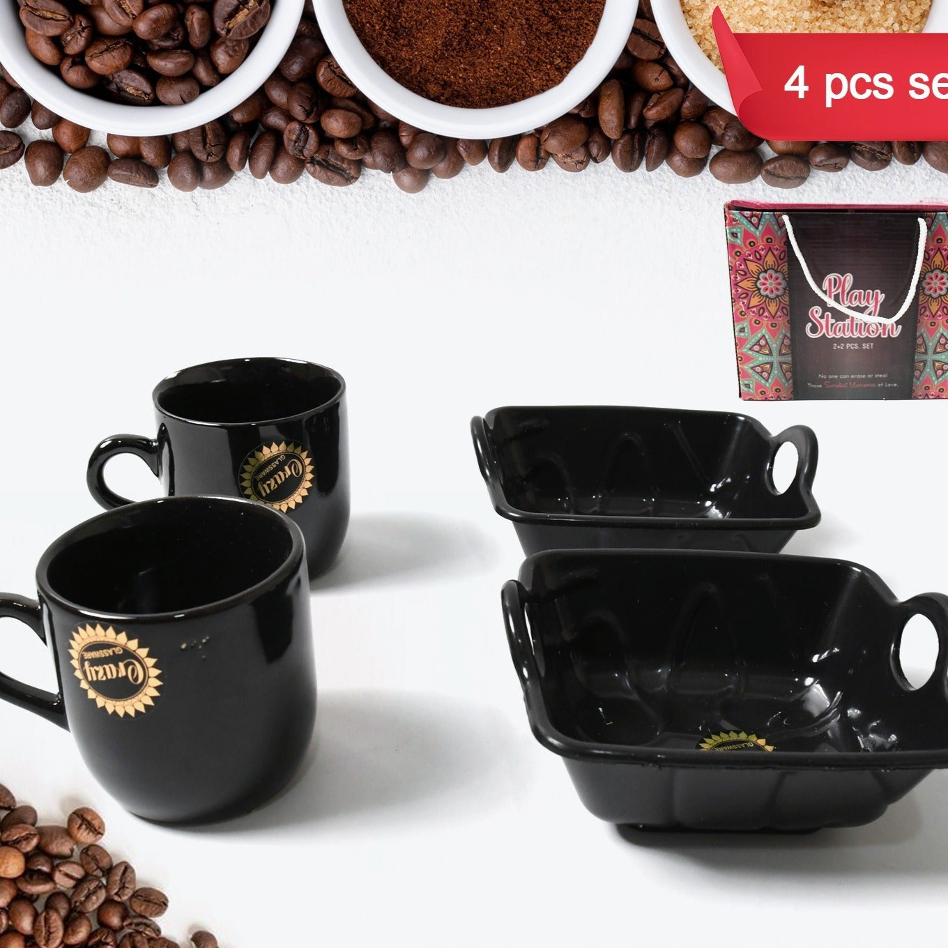 Play Station Ceramic Tea  Cups  Mug Set With Handle Serving Bowl Milk Cup Coffee Cup Tea Cup Breakfast Cup Drinking Mug Or Outdoor For Household Gift For Birthday Wedding Party (4 Pcs Set) - Happy Price - Image 1