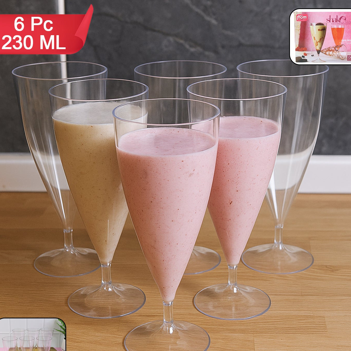 Set of 6 Plastic Shake Glasses, 230ml Each, Transparent - Happy Price - Image 1