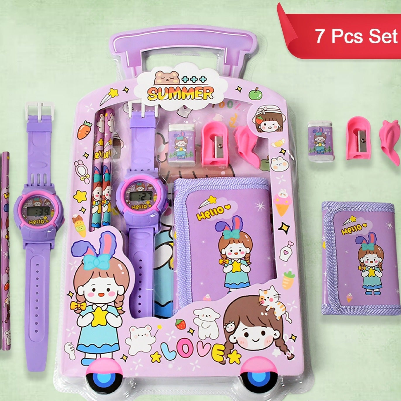 Stationery Set For Girls And Boys  Kids Return Gift - 7 In 1 School Items For Kids-pencils Eraser Sharpener Pouch Pencil Extender  Birthday Gift Idea Stationary Kit Set For School Kids (Pack Of 7 Pcs Set) - Happy Price - Image 1