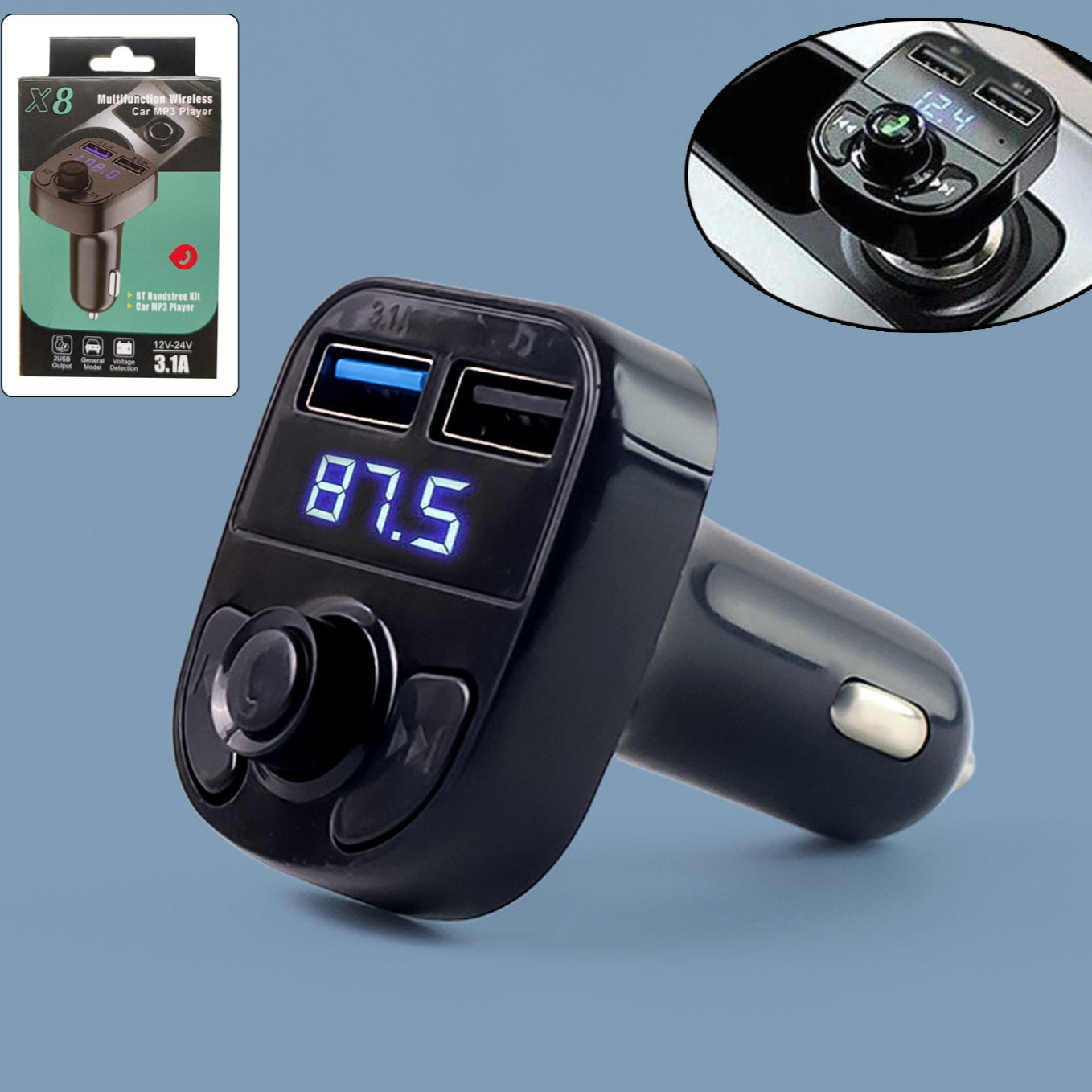 Car-x8 Bluetooth Fm Transmitter Kit For Hands-free Call Receiver  Music Player  Call Receiver  Fast Mobile Charger Ports For All Smartphoneswith 3.1a Quick Charge Dual Usb Car Charger - Happy Price - Image 1