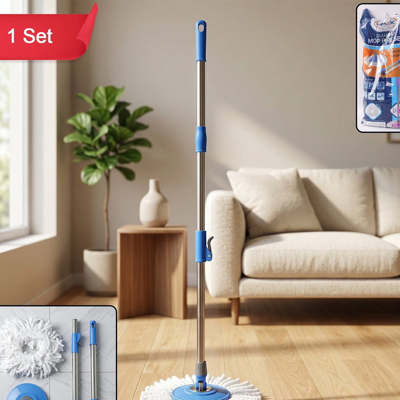 360 Degree Spin Mop Set with Adjustable Stainless Steel Handle and Microfiber Head - Great Price - Image 1