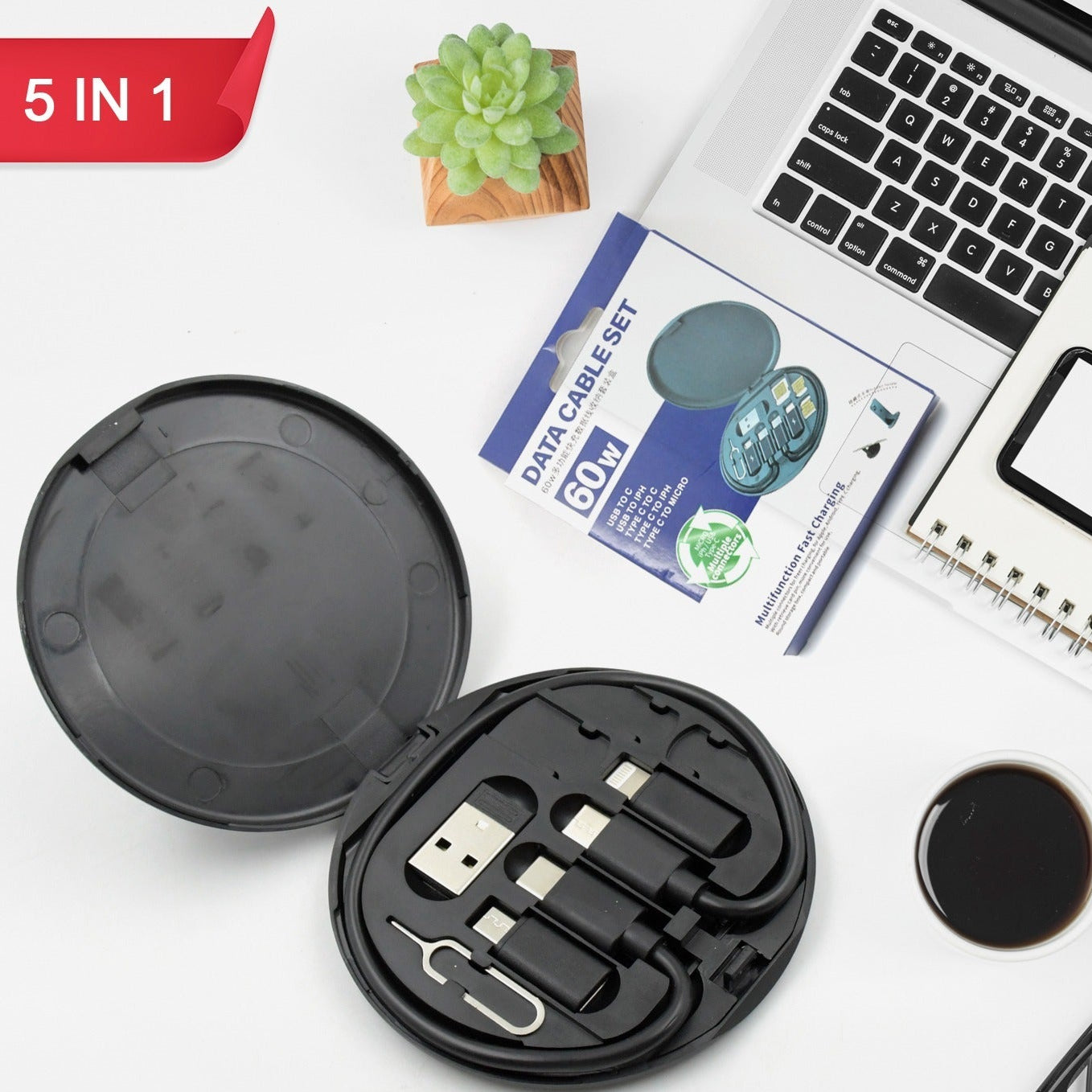 Mini Multi-functional Fast Charging Data Cable Set For Apple Android Type C Charging With Retrieve Card Pinround Storage Boxcompact And Portable Usb Data Cable Storage Box Travel Cable Set (5in1) - Happy Price - Image 1