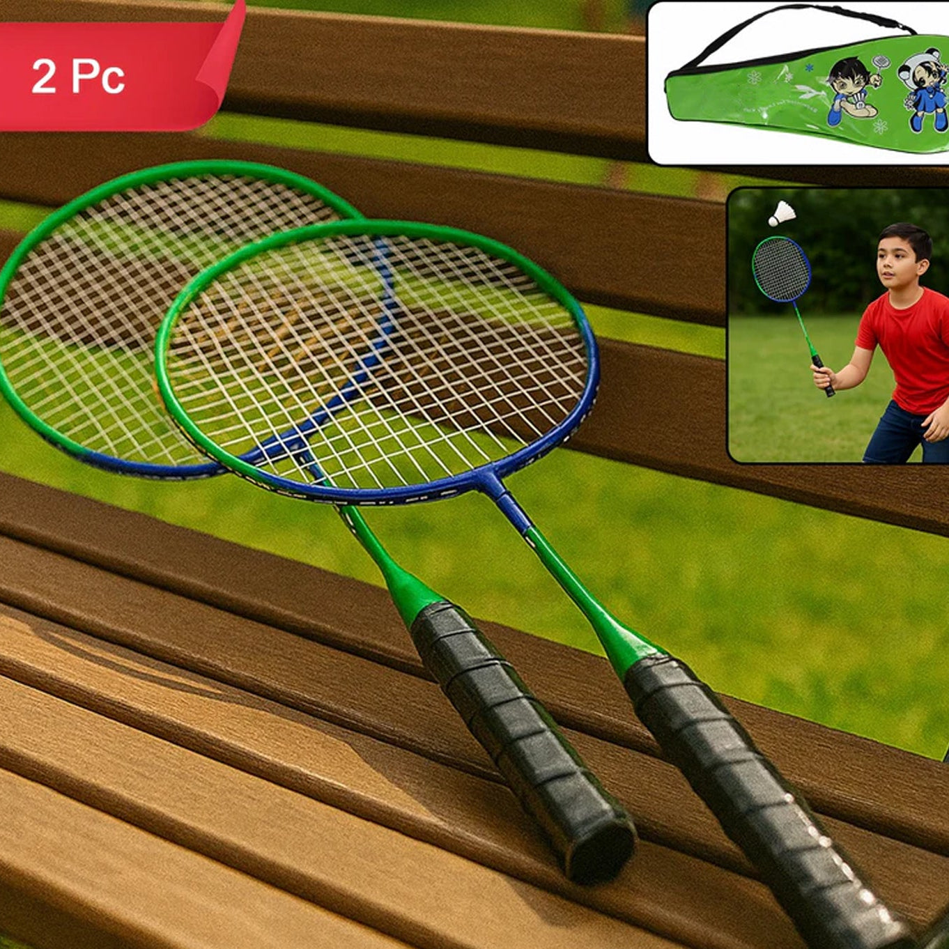 2 Pc Kids Badminton Racket Set with Carry Bag - Lightweight Fun for Beginners - Happy Price - Image 1