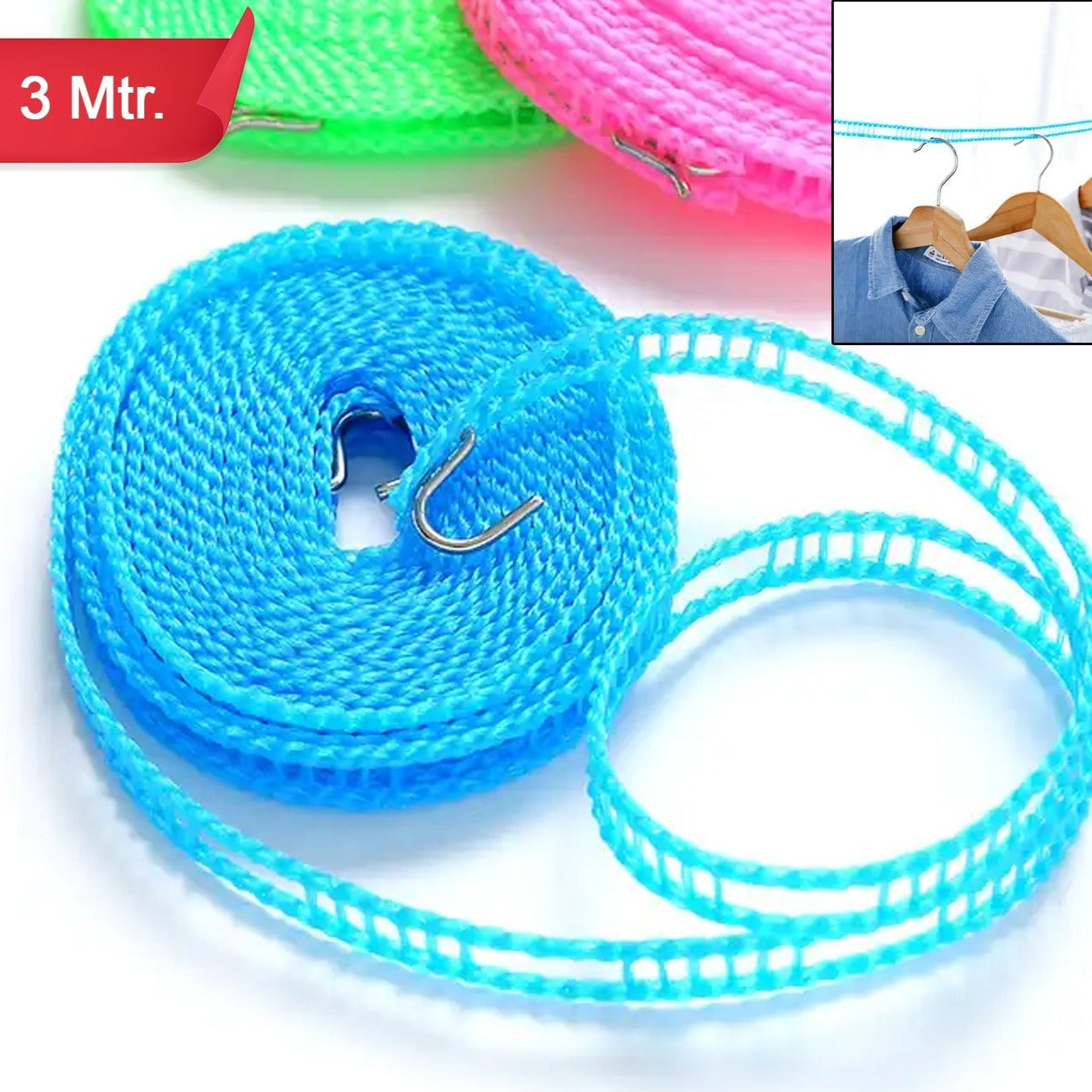 3 Meter Anti-Slip Nylon Clothesline with Hooks - Portable Indoor Outdoor Drying Rope - Happy Price - Image 1