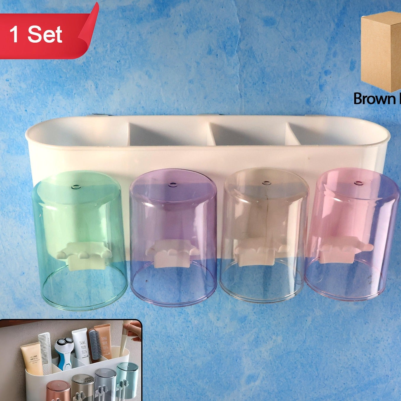Wall Mounted Toothbrush Holder Set with 4 Cups & Organizer - Bathroom Storage - Happy Price - Image 1
