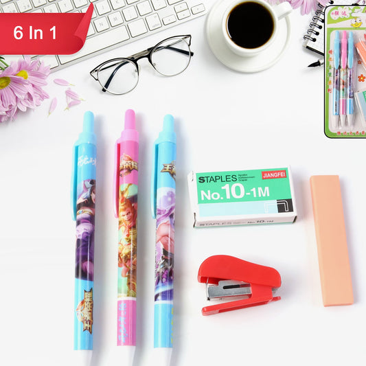 6-in-1 Stationery Kit with Pens, Stapler, Staples, Eraser - 1 Set for School & Office - Happy Price - Image 1