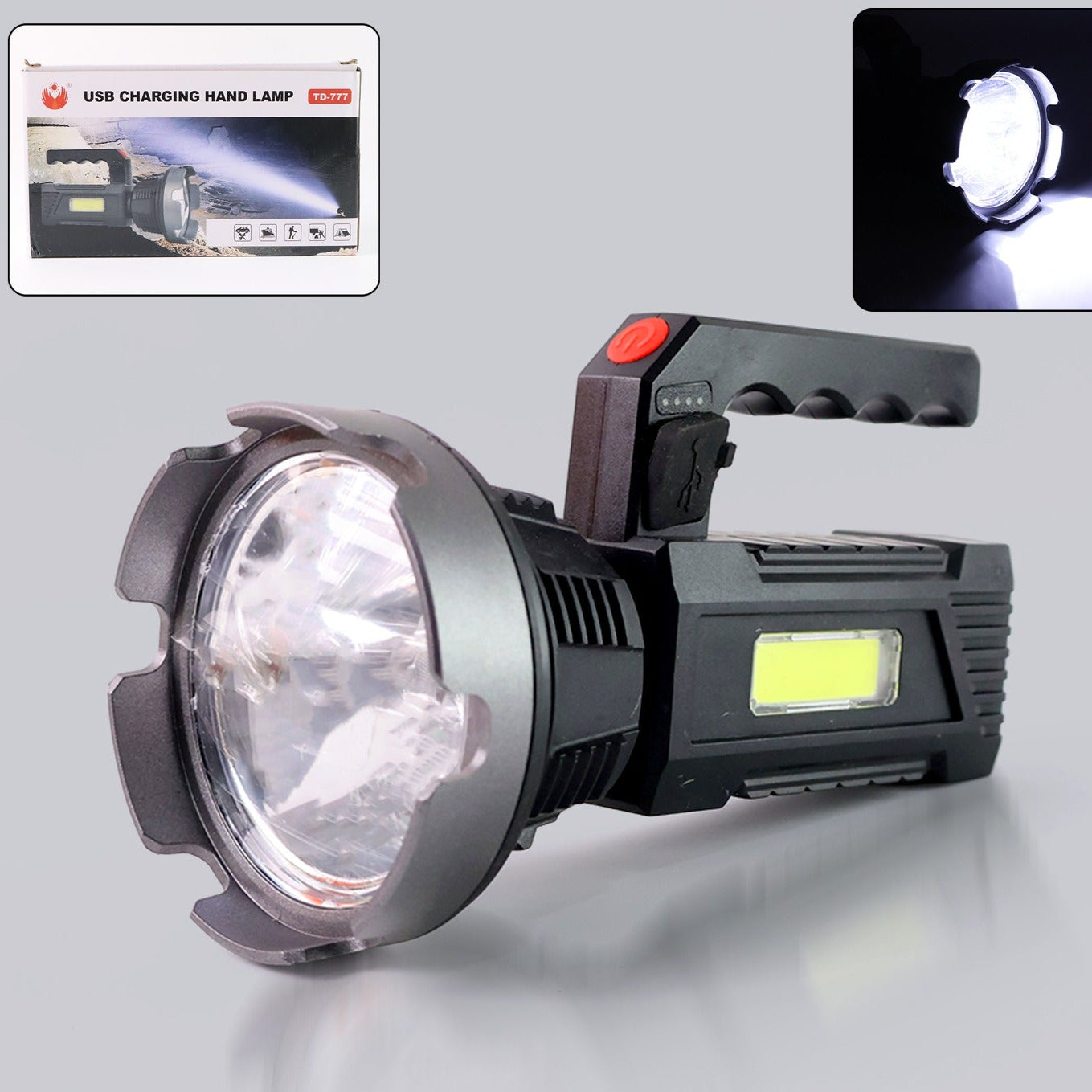 Heavy-duty Rechargeable Usb Led Hand Torch With Cob Side Light (1 Pc) - Happy Price - Image 1