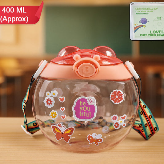 400ml Round Belly Kids Water Bottle with Straw & Strap - 1 Pc - Happy Price - Image 1