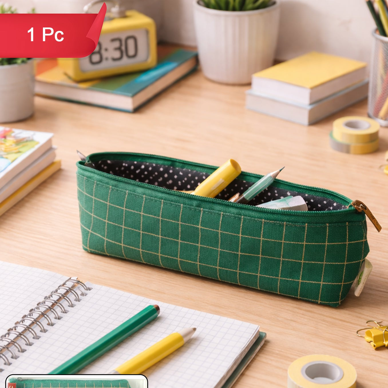 Premium Green Grid Printed Zipper Pencil Pouch Organizer (1 Pc)