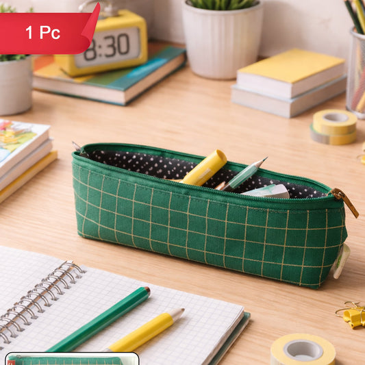 Premium Green Grid Printed Zipper Pencil Pouch Organizer (1 Pc)