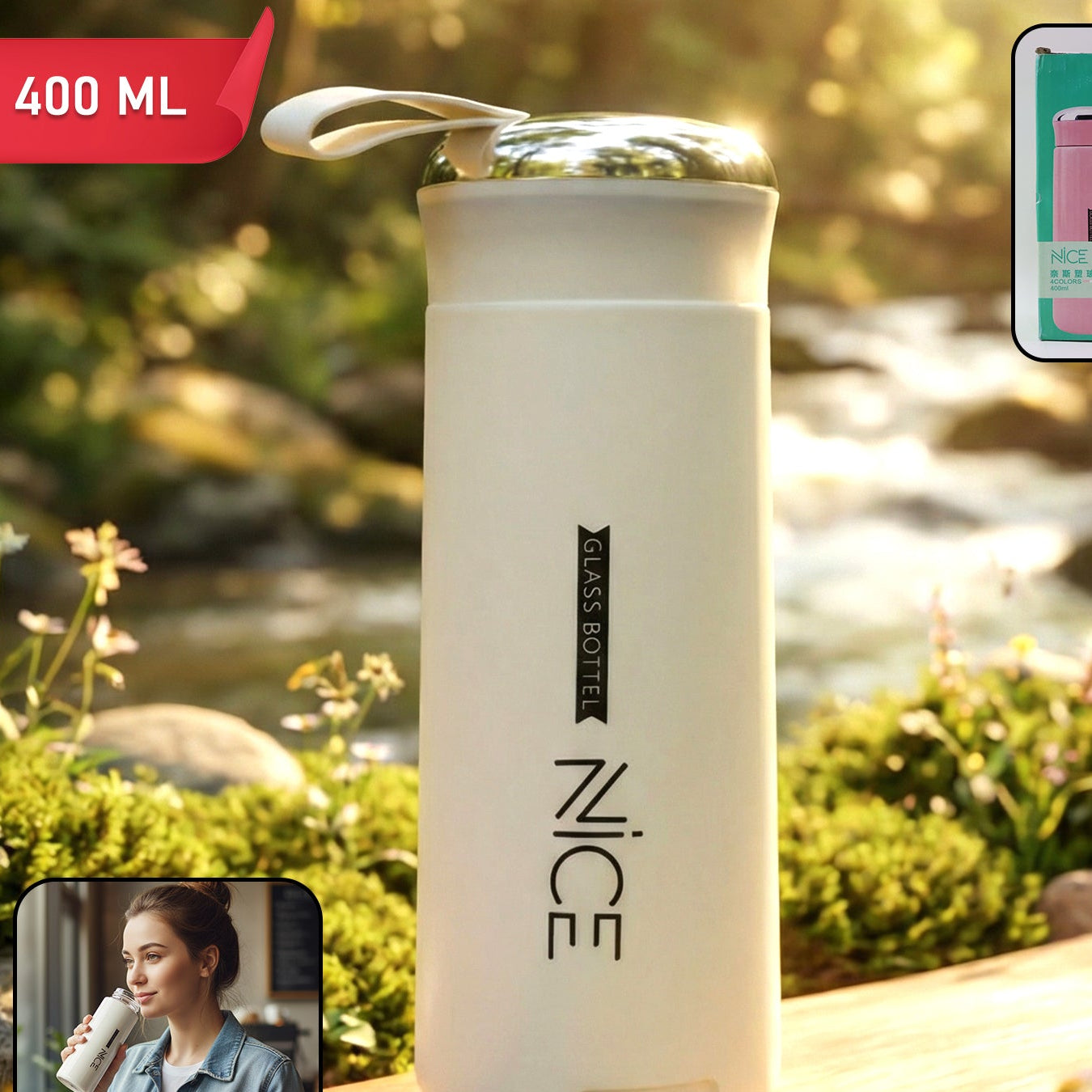 White Glass Water Bottle with Protective Sleeve - 400 ML, 1 Pc - Happy Price - Image 1