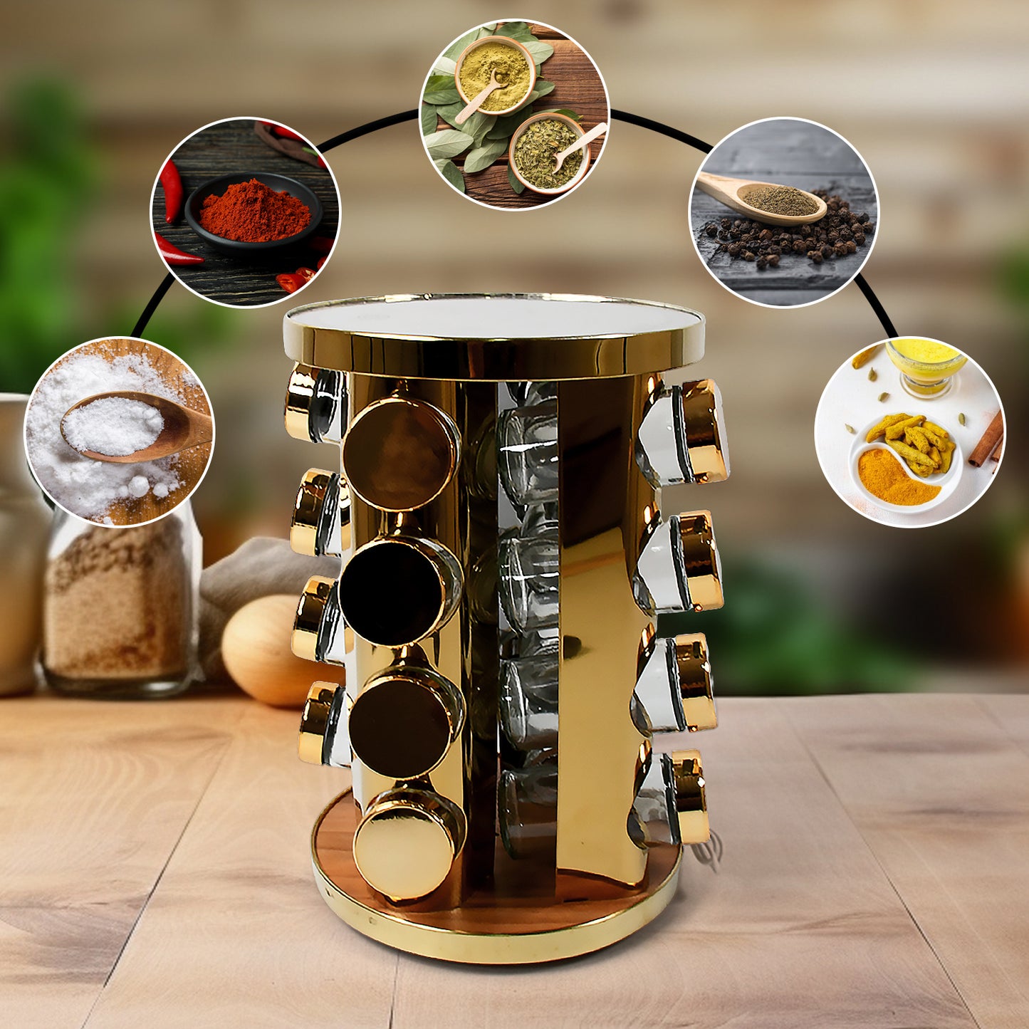 Led Spice Rack Organizer Rotating Spice Rack With Free 16 Seasoning Jars Revolving Tower Organizer Stainless Steel For Kitchen Storage (Golden  16 Pc  Moq - 6 Pc) - Happy Price - Image 5