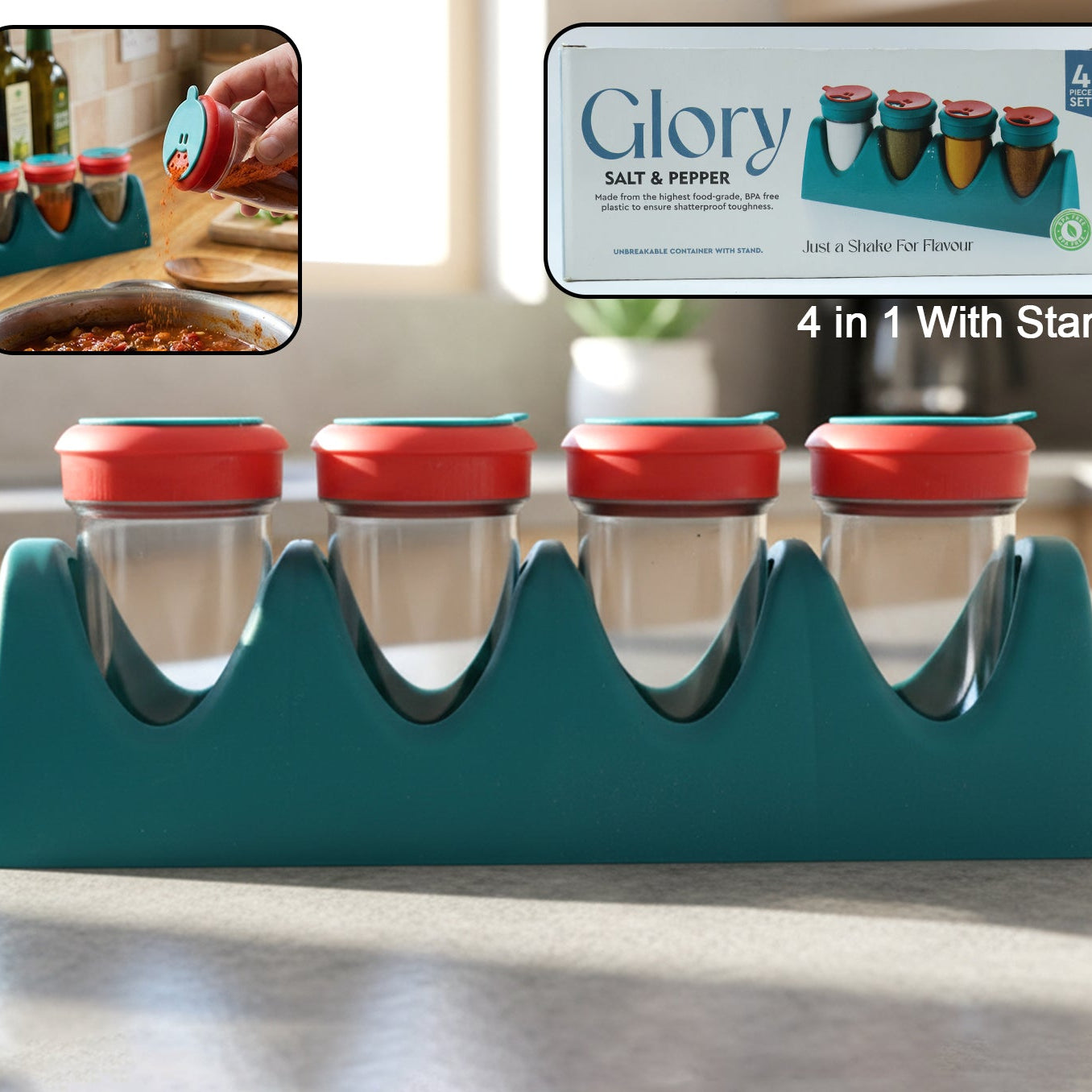 4-in-1 Multipurpose Spice Dispenser Set with Stand (1 Set) - Happy Price - Image 1