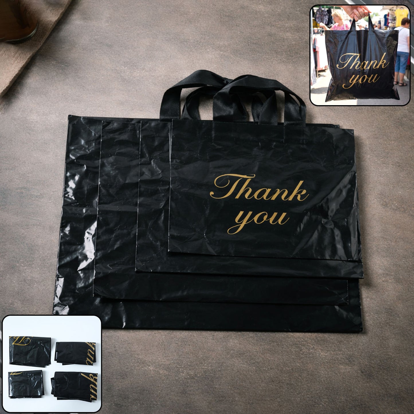 Black Thank You Printed Carry Bags - Set of 4 Mixed Sizes - Happy Price - Image 2