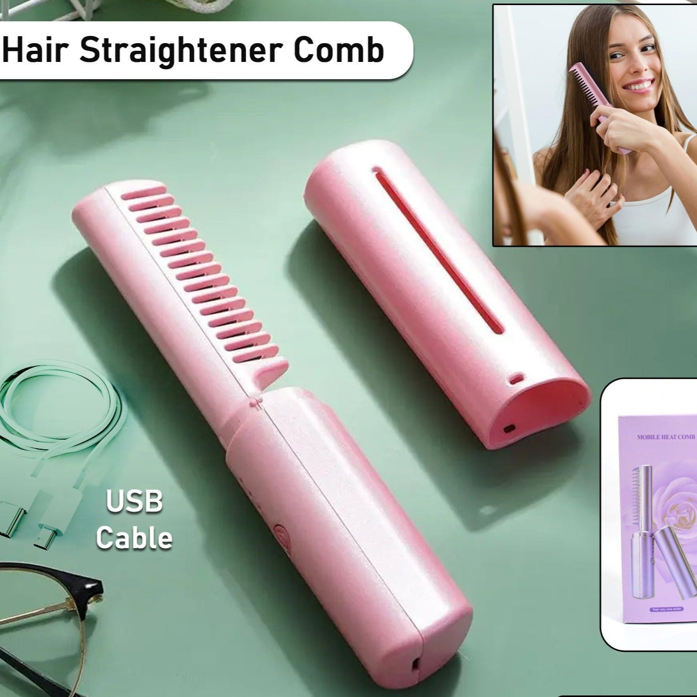 Rechargeable Mini Hair Straightener Travel Portable Usb Charging Cordless Hair Straightener Bursh Three Temperature Adjustments Flat Iron Comb (1 Pc) - Happy Price - Image 1
