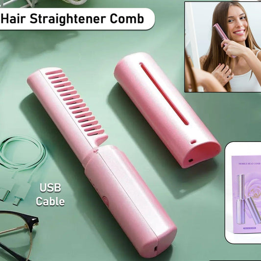 Rechargeable Mini Hair Straightener Travel Portable Usb Charging Cordless Hair Straightener Bursh Three Temperature Adjustments Flat Iron Comb (1 Pc) - Happy Price - Image 1